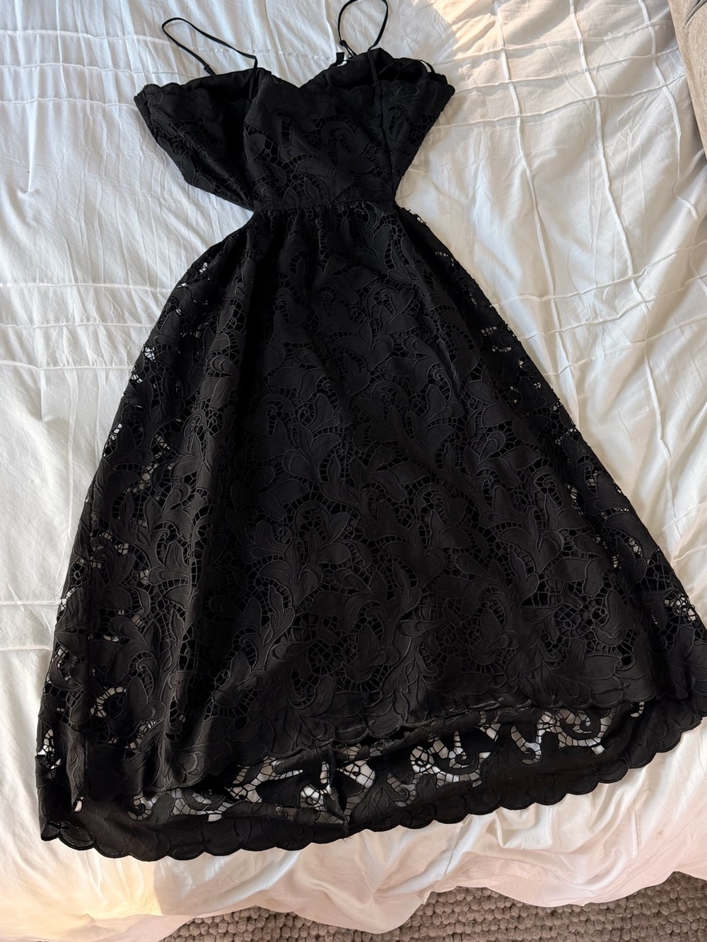 NWOT Express Black Lace Midi Dress with Spaghetti Straps & Side Cutouts